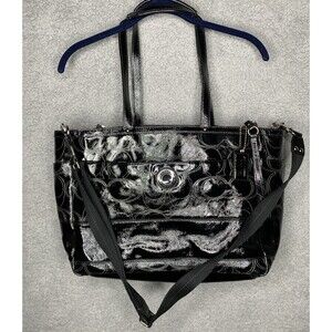 Coach Bag F19256 Signature Stitched Black Patent Lg. Leather Diaper Tote Laptop